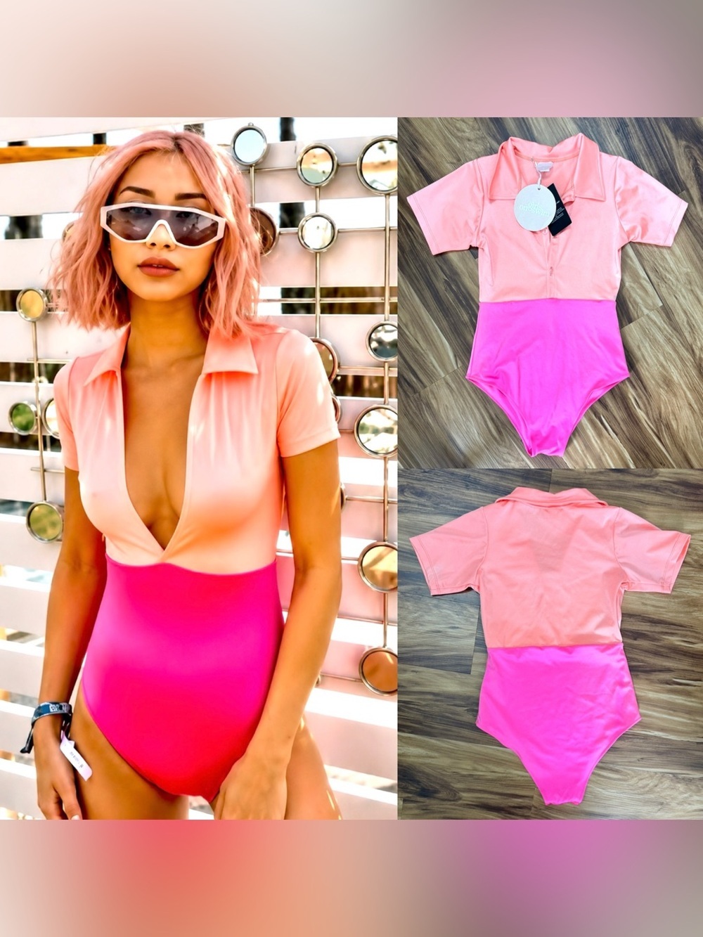 Women's Colorblock Pink Collared One-Piece Swimsuit
